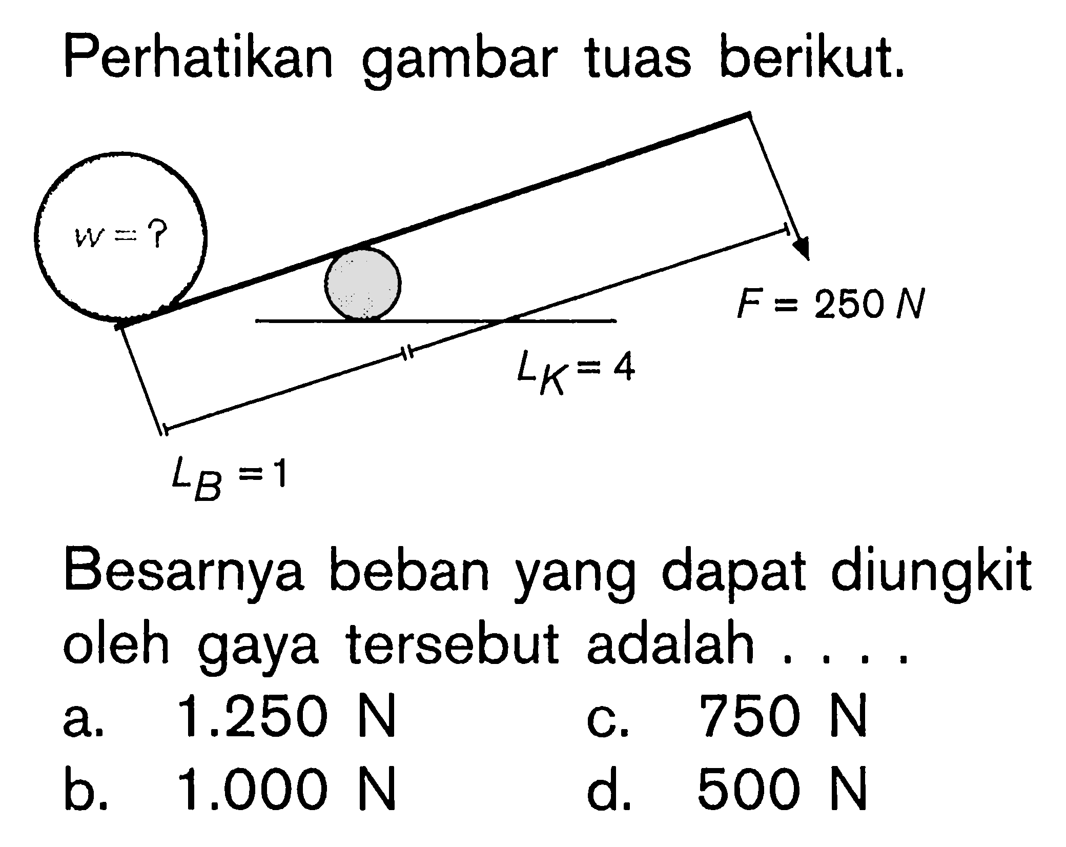 Perhatikan gambar tuas berikut. w = ? F = 250 N Lk = 4 LB = 1 Besarnya beban yang dapat diungkit oleh gaya tersebut adalah ...