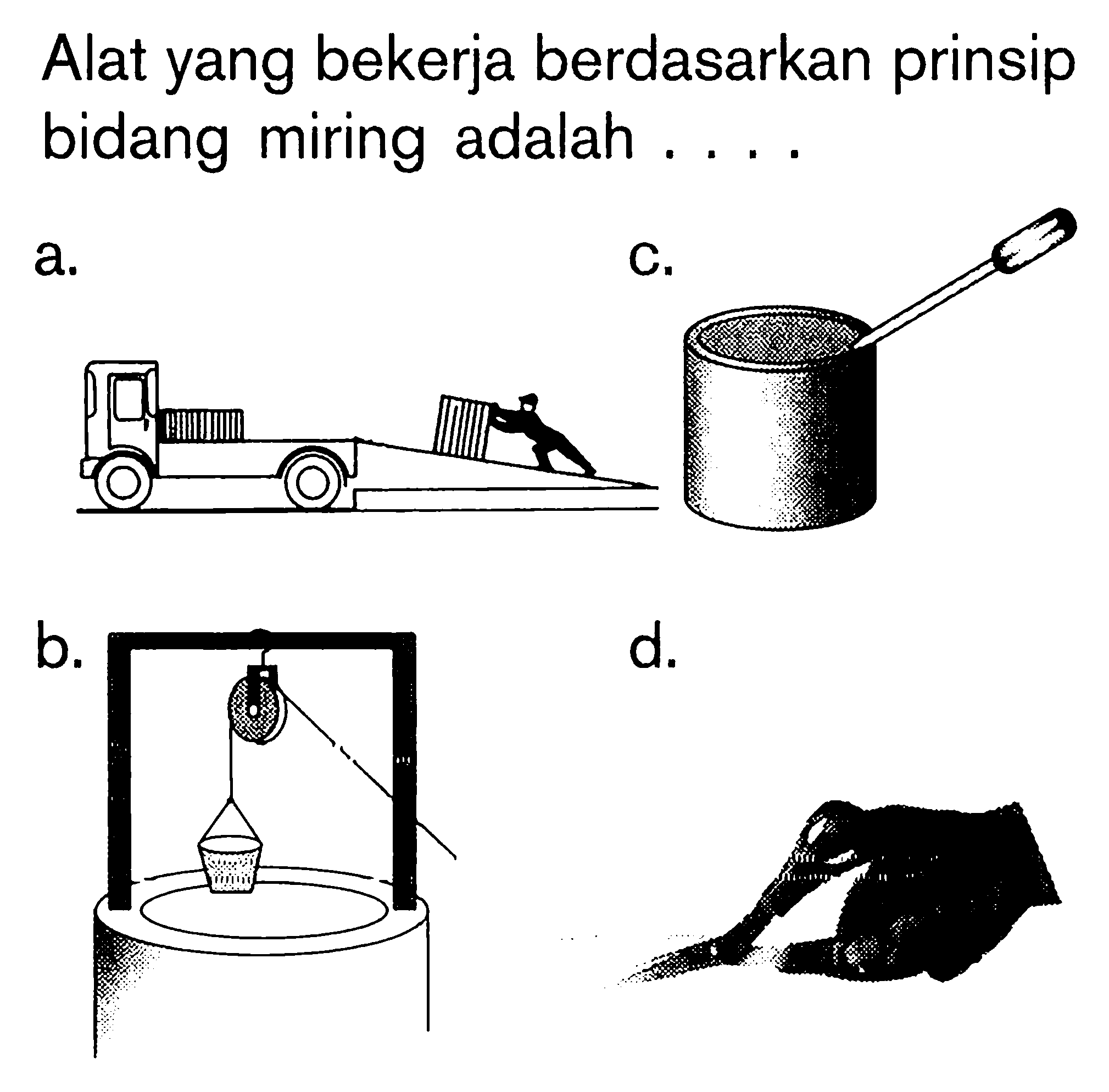 Alat yang bekerja berdasarkan prinsip bidang miring adalah