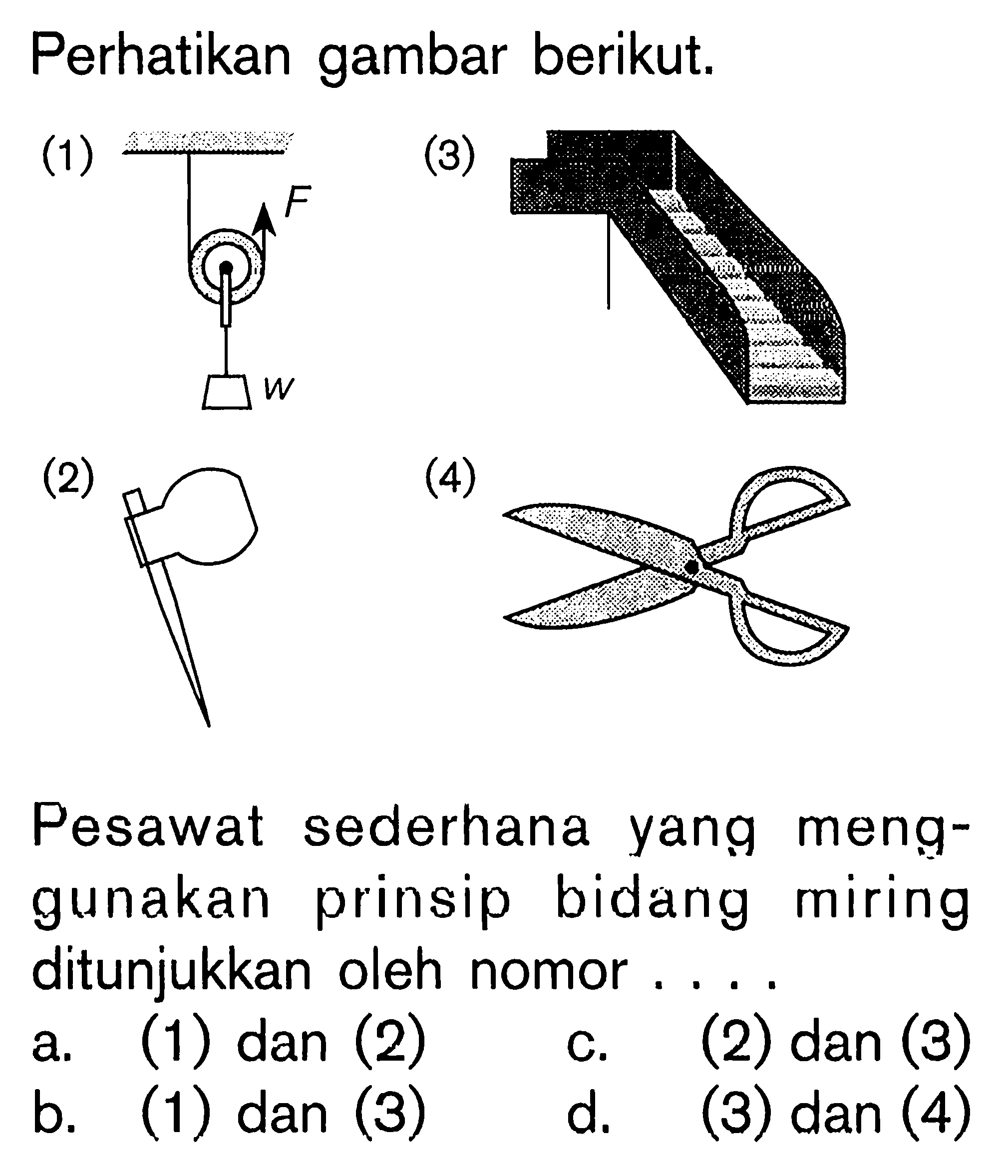 Perhatikan gambar berikut. Pesawat sederhana yang meng-gunakan prinsip bidang miring ditunjukkan oleh nomor