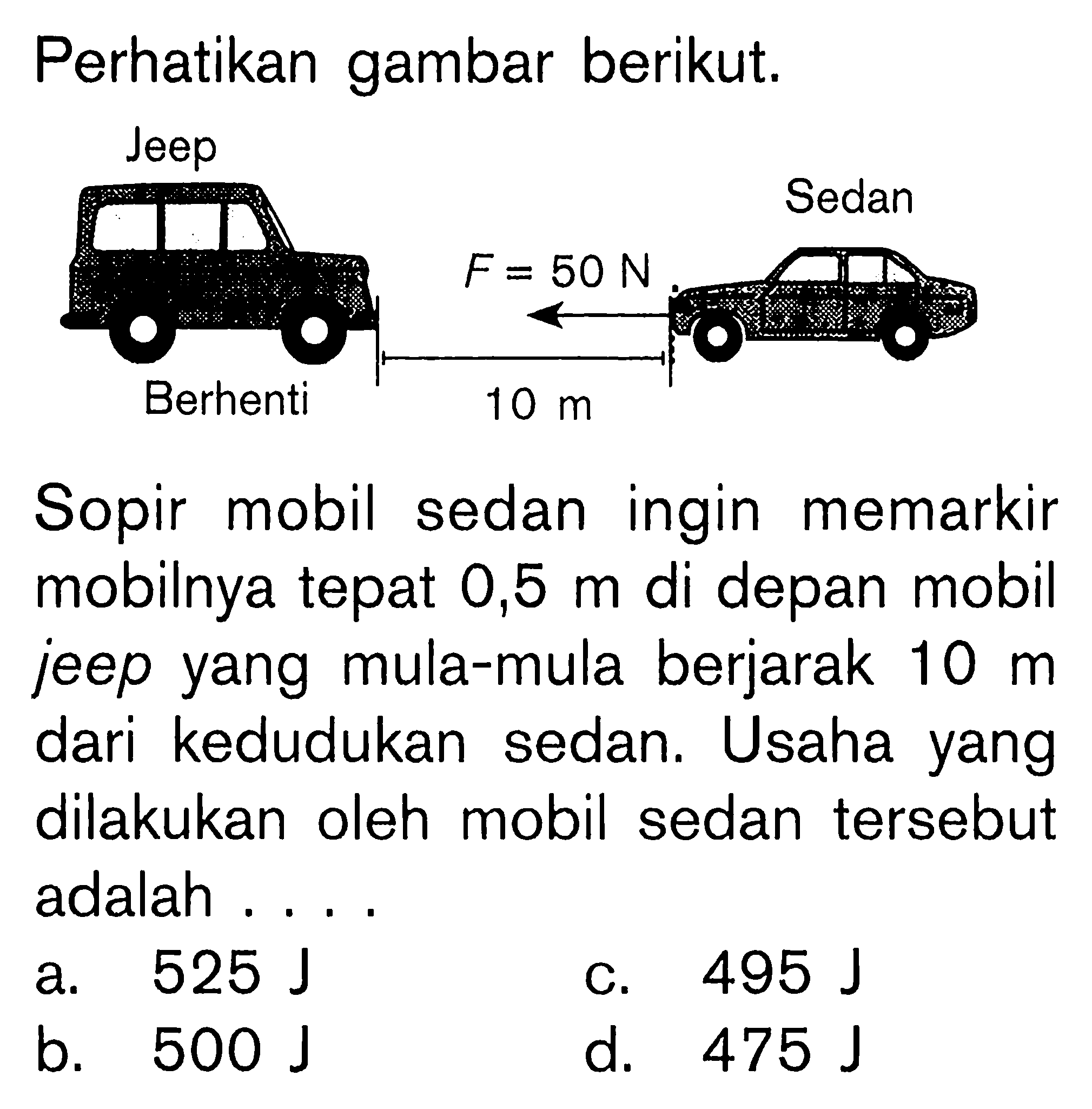 Perhatikan gambar berikut.Sopir mobil sedan ingin memarkir mobilnya tepat 0,5 m di depan mobil jeep yang mula-mula berjarak 10 m dari kedudukan sedan. Usaha yang dilakukan oleh mobil sedan tersebut adalah .... F=50 N