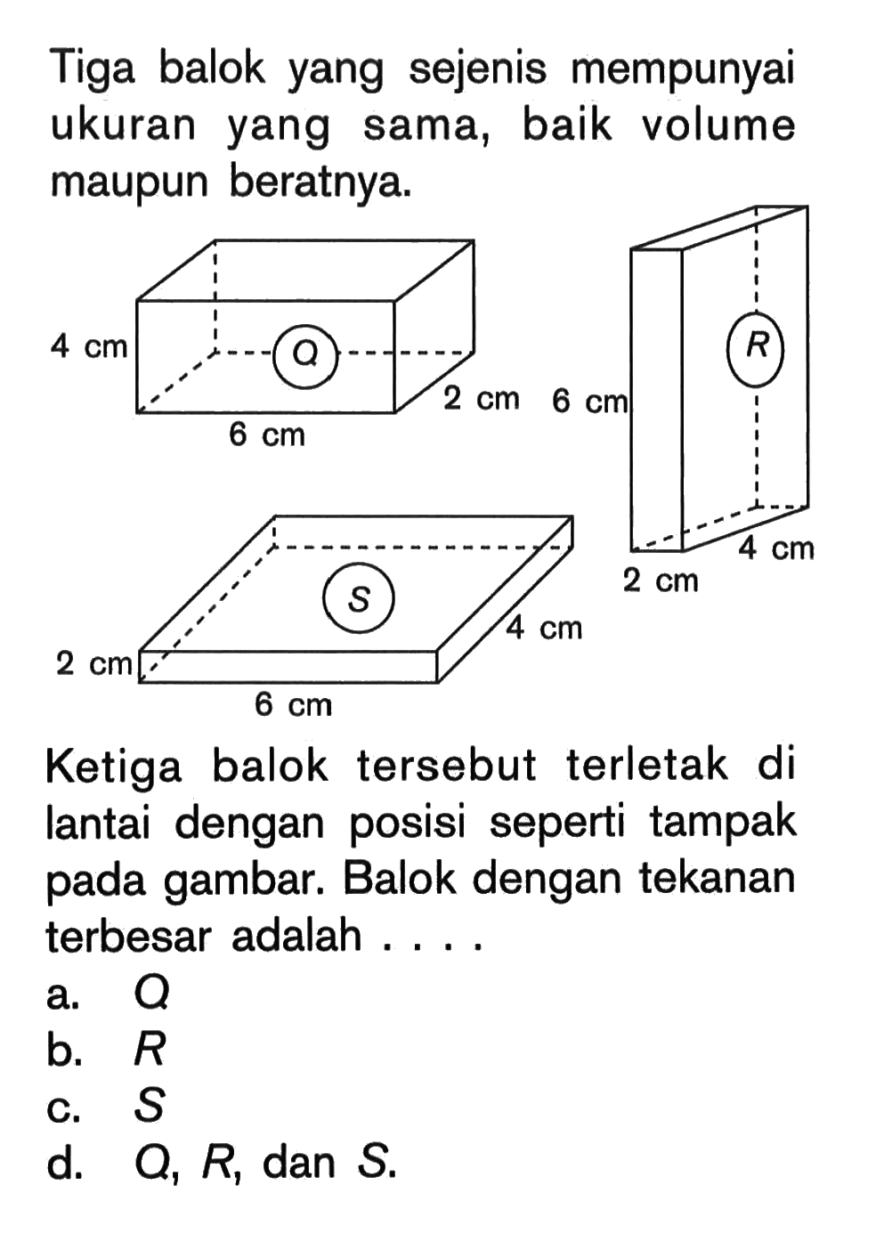 Tiga balok yang sejenis mempunyai ukuran yang sama, baik volume maupun beratnya. Q 4 cm 6 cm 2 cm R 6 cm 2 cm 4 cm S 2 cm 6 cm 4 cm Ketiga balok tersebut terletak di lantai dengan posisi seperti tampak pada gambar. Balok dengan tekanan terbesar adalah .... a. Q b. R c. S d. Q, R, dan S.