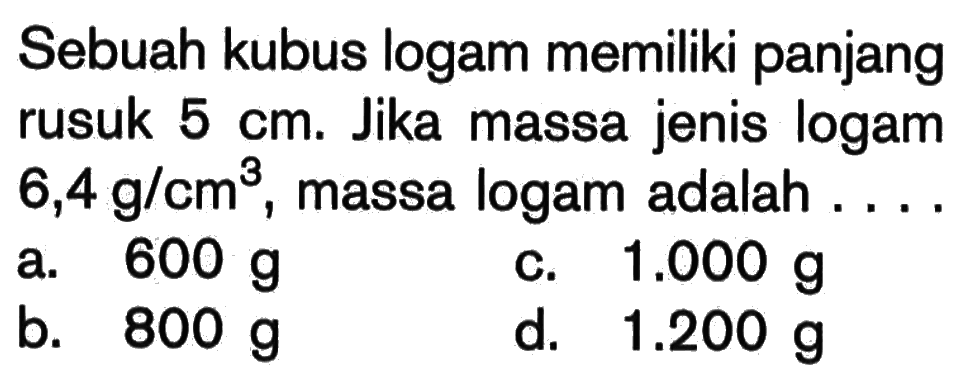 Sebuah kubus logam memiliki panjang rusuk  5 cm. Jika massa jenis logam  6,4 g/cm^3, massa logam adalah ....