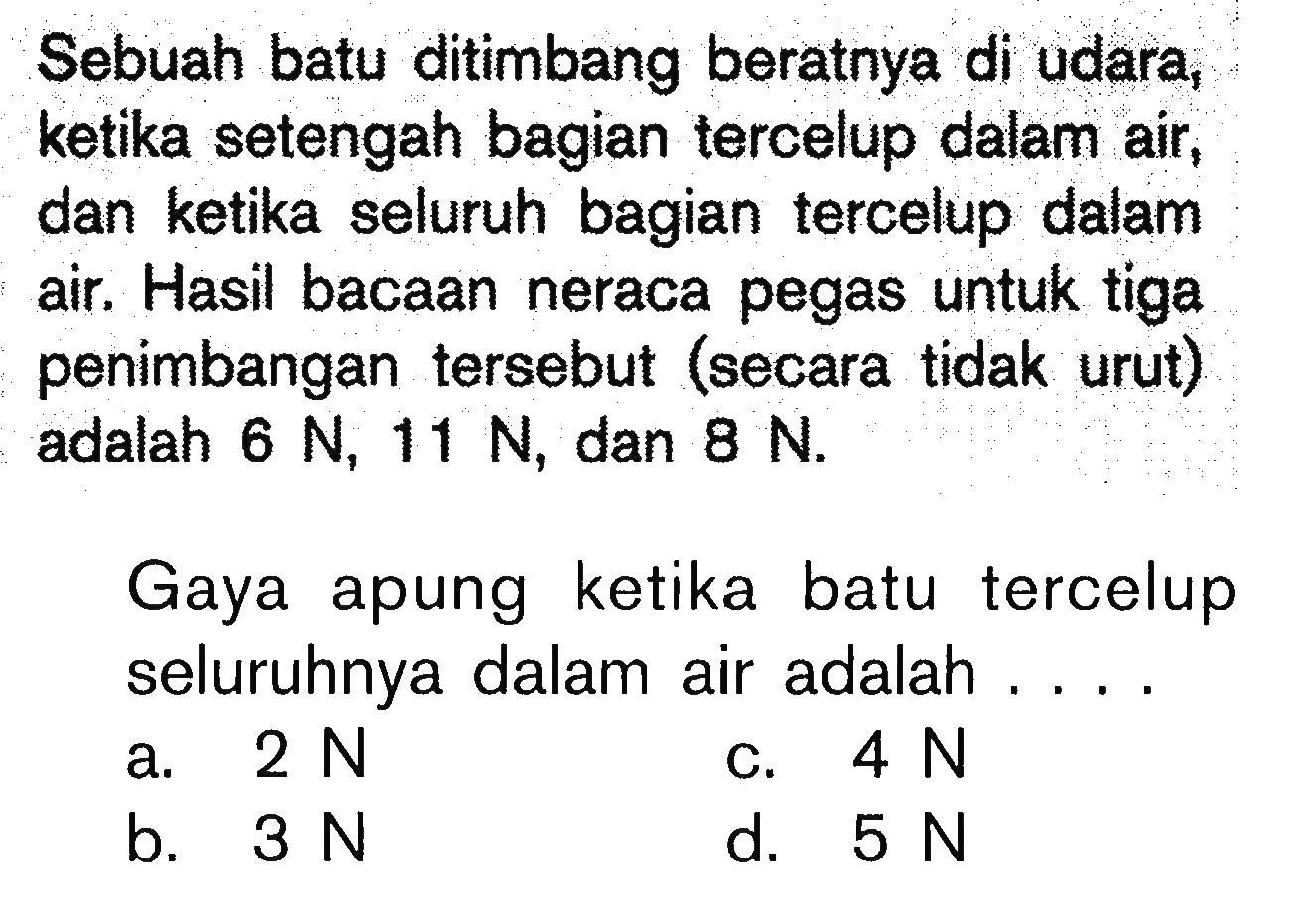 Sebuah batu ditimbang beratnya di udara, ketika setengah bagian tercelup dalam air, dan ketika seluruh bagian tercelup dalam air. Hasil bacaan neraca pegas untuk tiga penimbangan tersebut (secara tidak urut) adalah  6 N, 11 N, dan  8 N. Gaya apung ketika batu tercelup seluruhnya dalam air adalah .... 
