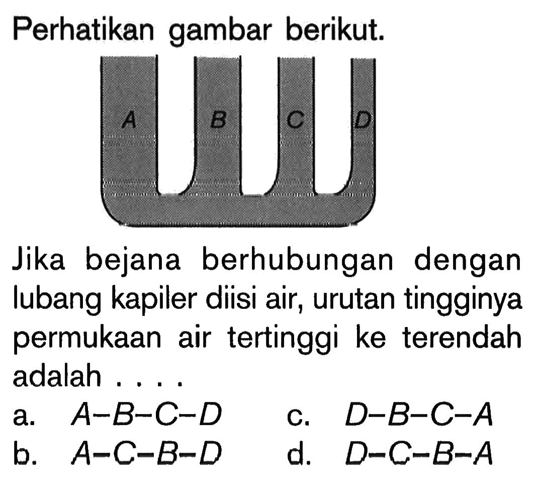 Perhatikan gambar berikut.Jika bejana berhubungan dengan lubang kapiler diisi air, urutan tingginya permukaan air tertinggi ke terendah adalah ....a.  A-B-C-D c.  D-B-C-A b.  A-C-B-D d.  D-C-B-A 