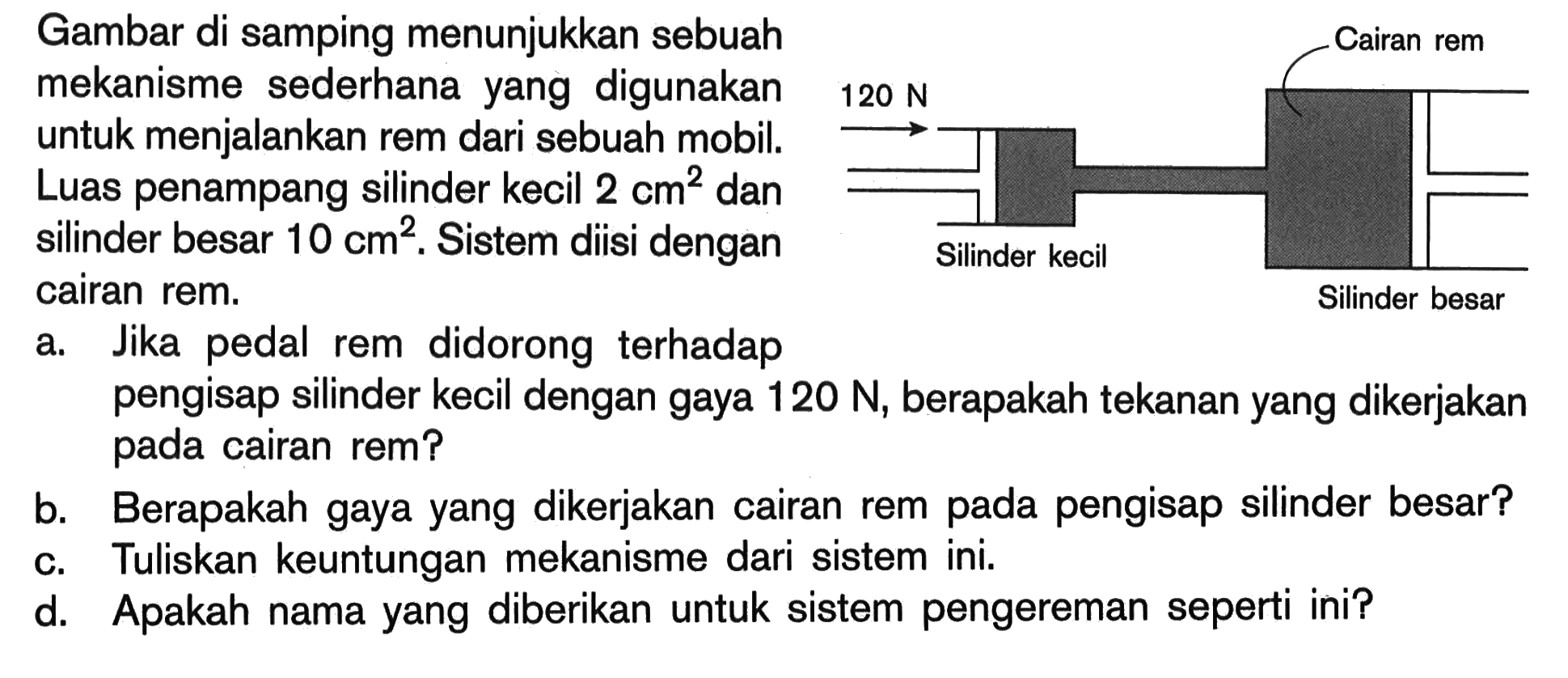 120 N Silinder kecil Cairan rem Silinder besar 
Gambar di samping menunjukkan sebuah mekanisme sederhana yang digunakan untuk menjalankan rem dari sebuah mobil. Luas penampang silinder kecil 2 cm^2 dan silinder besar 10 cm^2. Sistem diisi dengan cairan rem. 
a. Jika pedal rem didorong terhadap pengisap silinder kecil dengan gaya 120 N, berapakah tekanan yang dikerjakan pada cairan rem? 
b. Berapakah gaya yang dikerjakan cairan rem pada pengisap silinder besar? 
c. Tuliskan keuntungan mekanisme dari sistem ini. 
d. Apakah nama yang diberikan untuk sistem pengereman seperti ini?