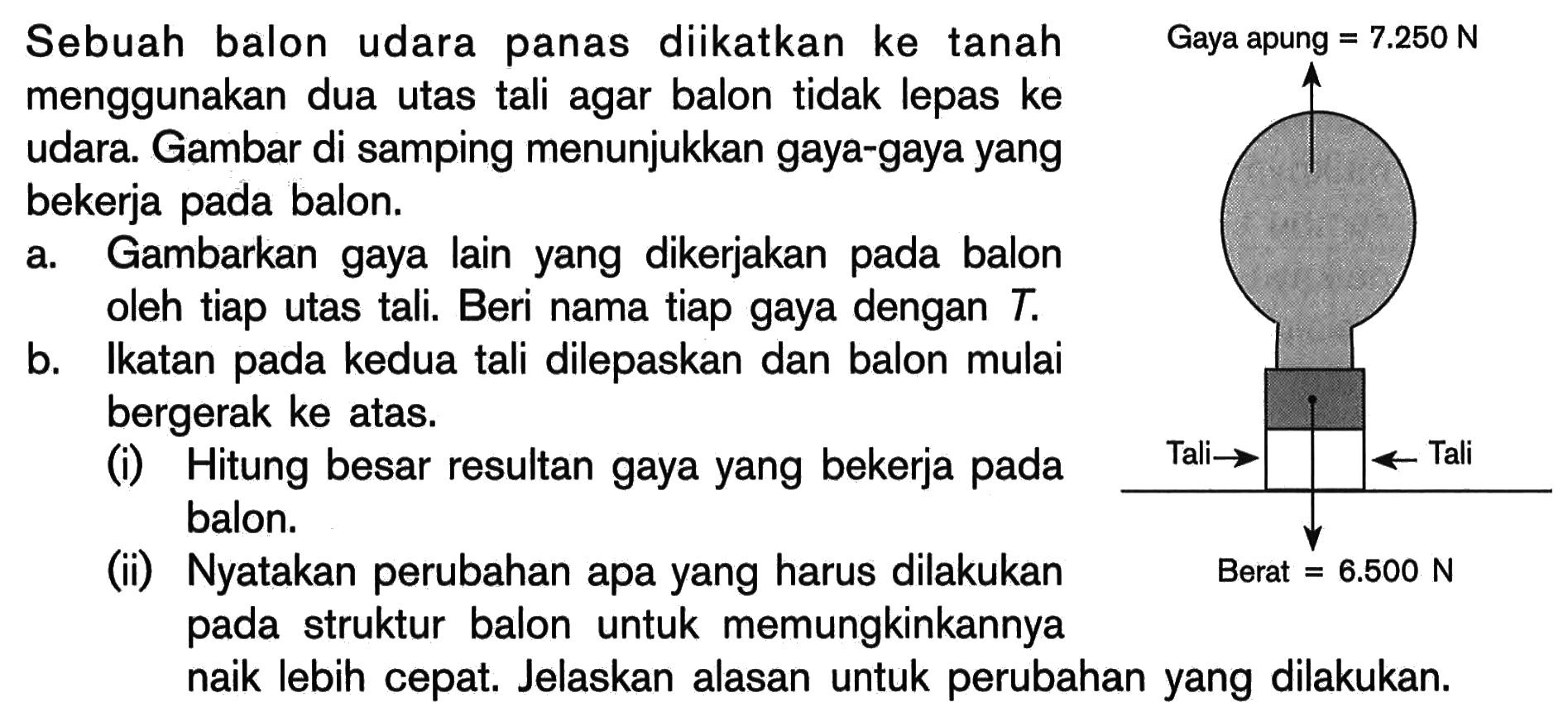 Sebuah balon udara panas diikatkan ke tanah menggunakan dua utas tali agar balon tidak lepas ke udara. Gambar di samping menunjukkan gaya-gaya yang bekerja pada balon.
Gaya apung = 7.250 N Tali Tali Berat = 6.500 N 
a. Gambarkan gaya lain yang dikerjakan pada balon oleh tiap utas tali. Beri nama tiap gaya dengan  T .
b. Ikatan pada kedua tali dilepaskan dan balon mulai bergerak ke atas.
(i) Hitung besar resultan gaya yang bekerja pada balon.
(ii) Nyatakan perubahan apa yang harus dilakukan pada struktur balon untuk memungkinkannya naik lebih cepat. Jelaskan alasan untuk perubahan yang dilakukan.