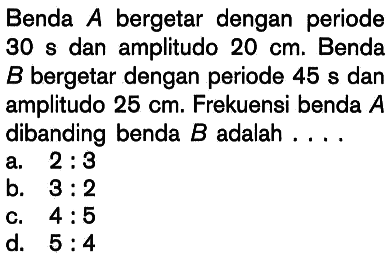 Benda A bergetar dengan periode 30 s dan amplitudo 20 cm. Benda B bergetar dengan periode 45 s dan amplitudo 25 cm. Frekuensi benda A dibanding benda B adalah ....