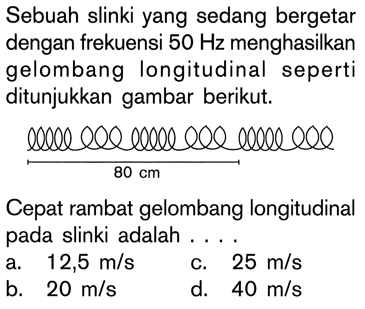 Sebuah slinki yang sedang bergetar dengan frekuensi 50 Hz menghasilkan gelombang longitudinal seperti ditunjukkan gambar berikut.80 cmCepat rambat gelombang longitudinal pada slinki adalah ....