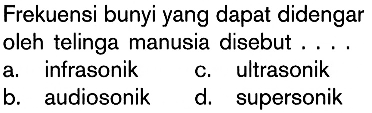 Frekuensi bunyi yang dapat didengar oleh telinga manusia disebut ....