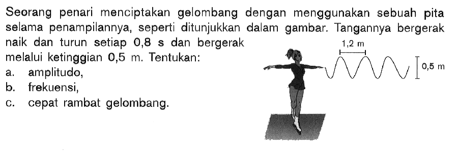 Seorang penari menciptakan gelombang dengan menggunakan sebuah pita selama penampilannya, seperti ditunjukkan dalam gambar. 
1,2 m 0,5 m
Tangannya bergerak naik dan turun setiap 0,8 s dan bergerak melalui ketinggian 0,5 m. Tentukan:
a. amplitudo,
b. frekuensi,
c. cepat rambat gelombang.