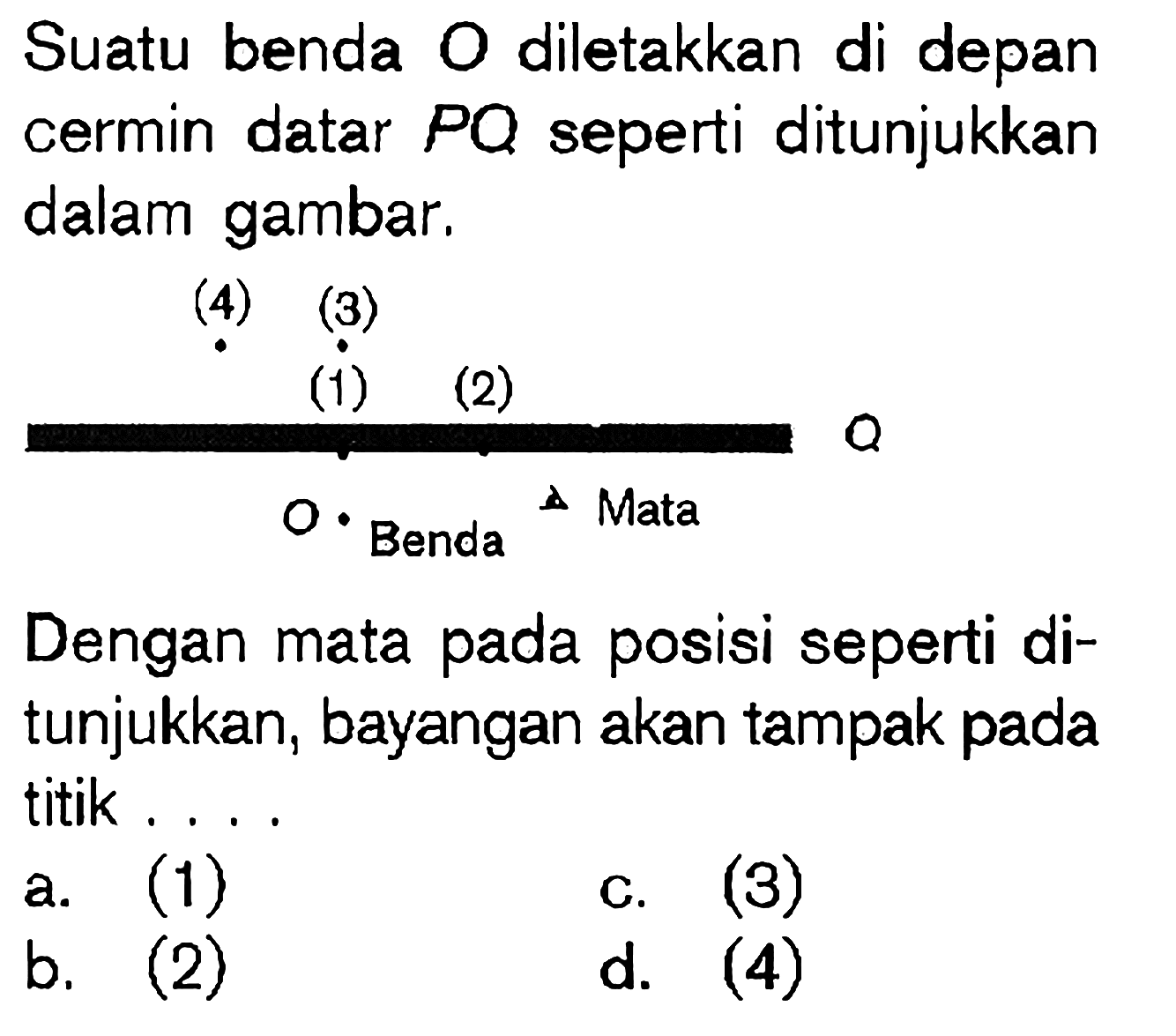 Suatu benda O diletakkan di depan cermin datar  PQ  seperti ditunjukkan dalam gambar.(4) (3) (1) (2) O Benda  segitiga  Mata ODengan mata pada posisi seperti ditunjukkan, bayangan akan tampak pada titik ....a. (1) c. (3) b. (2) d. (4)