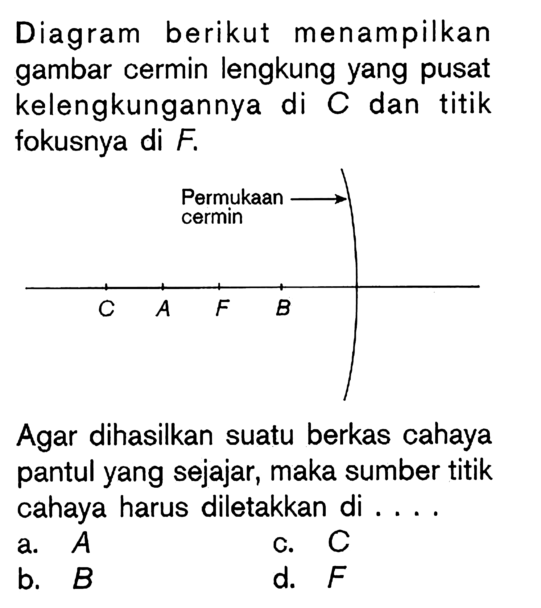 Diagram berikut menampilkan gambar cermin lengkung yang pusat kelengkungannya di C dan titik fokusnya di F. Permukaan cermin C A F B Agar dihasilkan suatu berkas cahaya pantul yang sejajar, maka sumber titik cahaya harus diletakkan di .... 