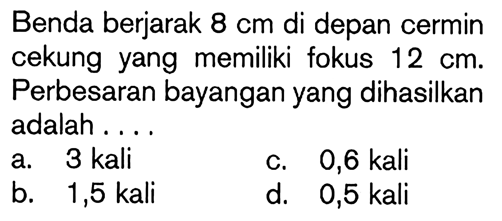 Benda berjarak  8 cm  di depan cermin cekung yang memiliki fokus  12 cm. Perbesaran bayangan yang dihasilkan adalah ...