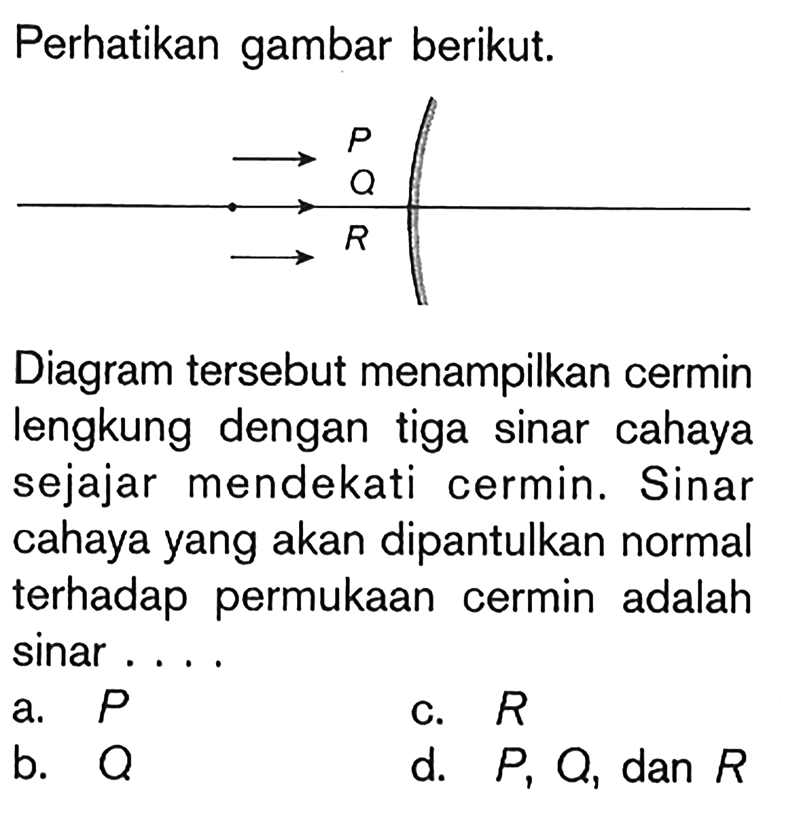 Perhatikan gambar berikut.
P
Q
R
Diagram tersebut menampilkan cermin lengkung dengan tiga sinar cahaya sejajar mendekati cermin. Sinar cahaya yang akan dipantulkan normal terhadap permukaan cermin adalah sinar....