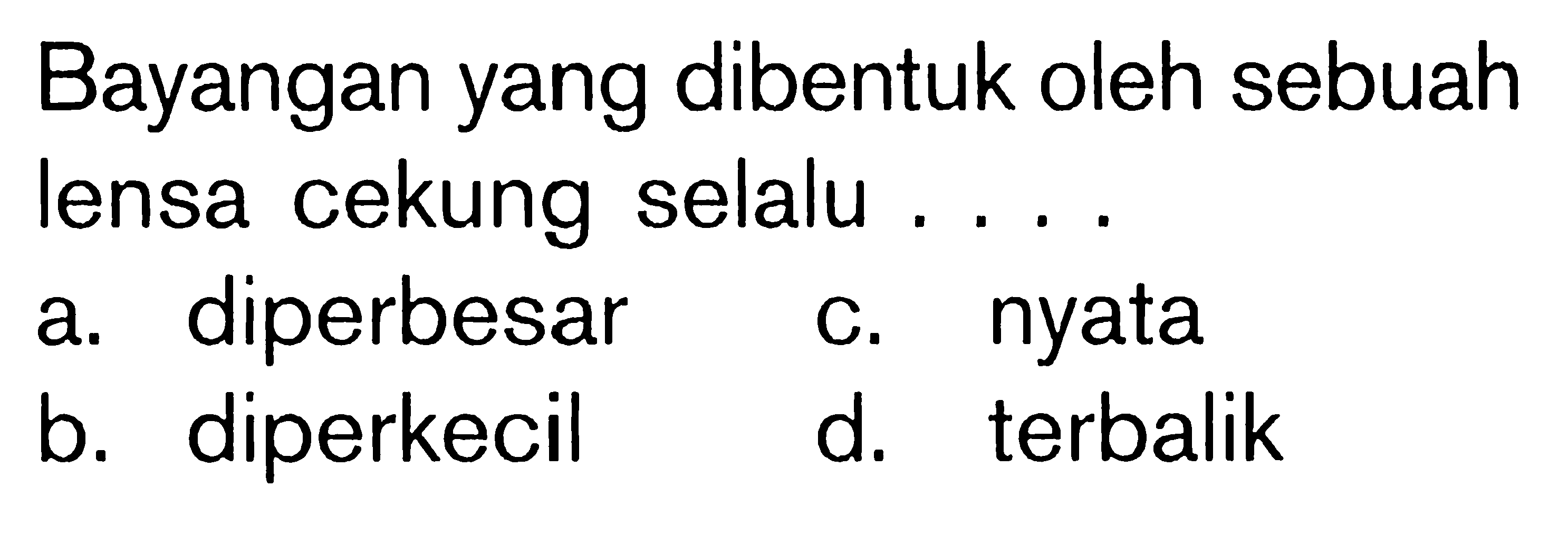 Bayangan yang dibentuk oleh sebuah lensa cekung selalu .... 