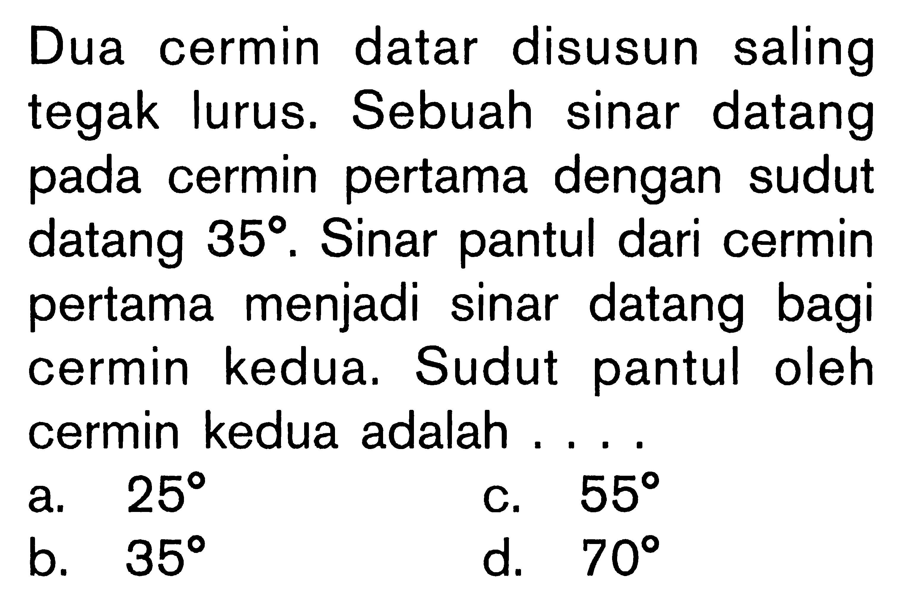 Dua cermin datar disusun saling tegak lurus. Sebuah sinar datang pada cermin pertama dengan sudut datang 35. Sinar pantul dari cermin pertama menjadi sinar datang bagi cermin kedua. Sudut pantul oleh cermin kedua adalah ....