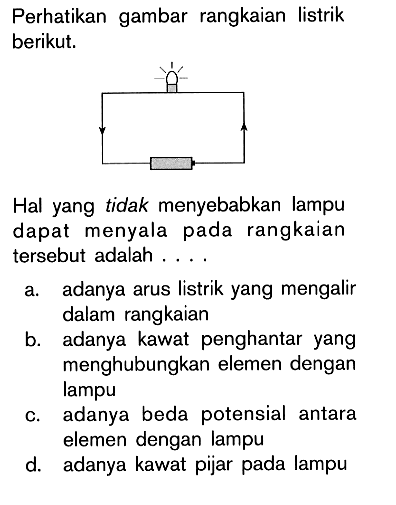 Perhatikan gambar rangkaian listrik berikut. Hal yang tidak menyebabkan lampu dapat menyala pada rangkaian tersebut adalah ....