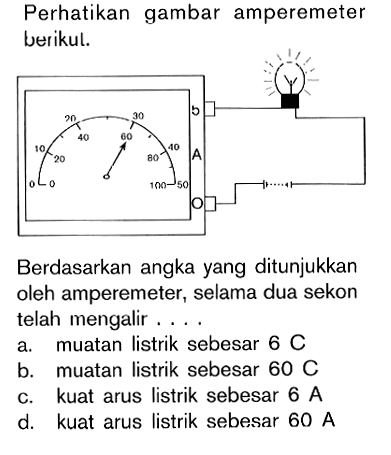 Perhatikan gambar amperemeter berikut. Berdasarkan angka yang ditunjukkan oleh amperemeter, selama dua sekon telah mengalir....