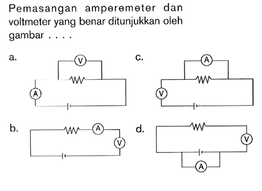 Pemasangan amperemeter dan voltmeter yang benar ditunjukkan oleh gambar . . . .