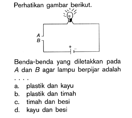 Perhatikan gambar berikut. Benda-benda yang diletakkan pada A dan B agar lampu berpijar adalah ....