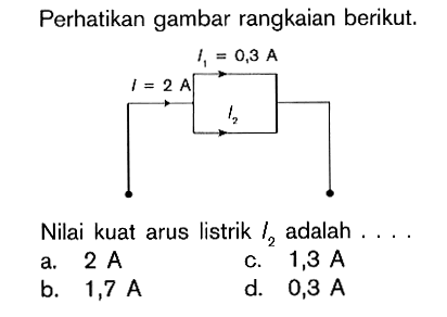 Perhatikan gambar rangkaian berikut. Nilai kuat arus listrik I2 adalah ....