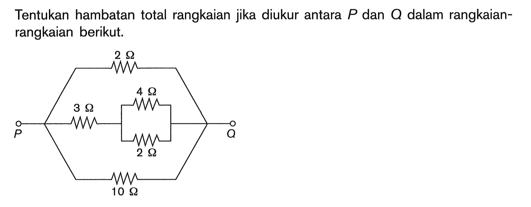 Tentukan hambatan total rangkaian jika diukur antara P dan Q dalam rangkaian- rangkaian berikut. 2 ohm 4 ohm 3 ohm P Q 2 ohm 10 ohm