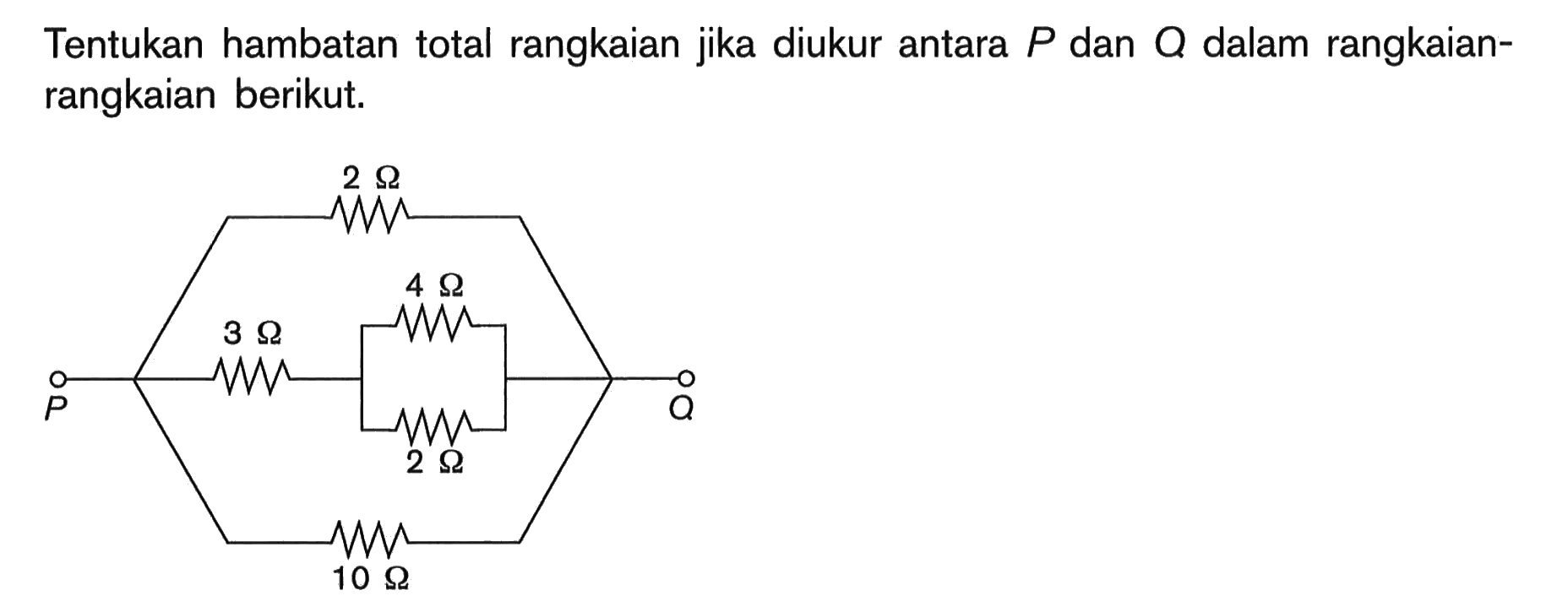 Tentukan hambatan total rangkaian jika diukur antara P dan Q dalam rangkaian- rangkaian berikut,