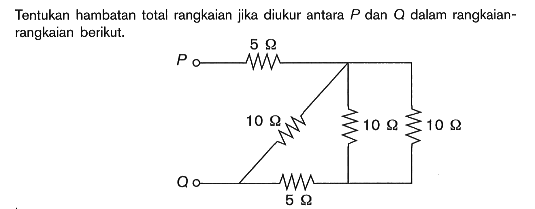 Tentukan hambatan total rangkaian jika diukur antara P dan Q dalam rangkaian-rangkaian berikut.