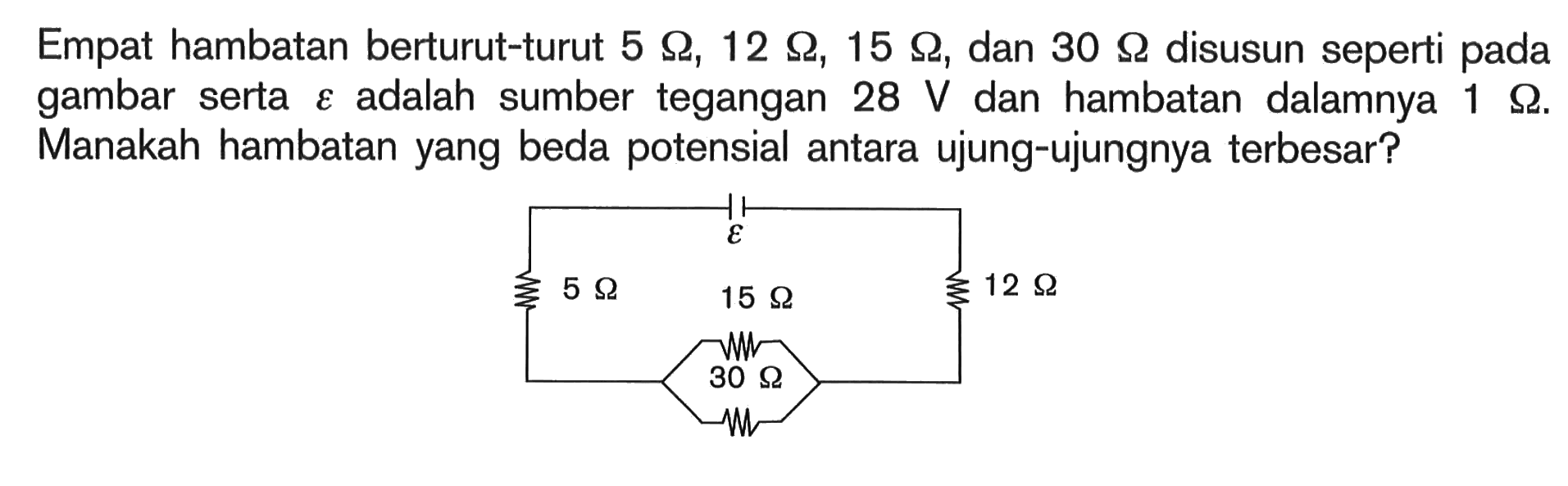 Empat hambatan berturut-turut 5 ohm, 12 ohm, 15 ohm, dan 30 ohm disusun seperti pada gambar serta epsilon adalah sumber tegangan 28 V dan hambatan dalamnya 1 ohm. Manakah hambatan yang beda potensial antara ujung-ujungnya terbesar?