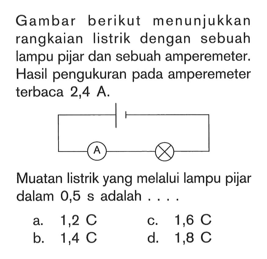 Gambar berikut menunjukkan rangkaian listrik dengan sebuah lampu pijar dan sebuah amperemeter. Hasil pengukuran pada amperemeter terbaca 2,4 A. Muatan listrik yang melalui lampu pijar dalam 0,5 s adalah