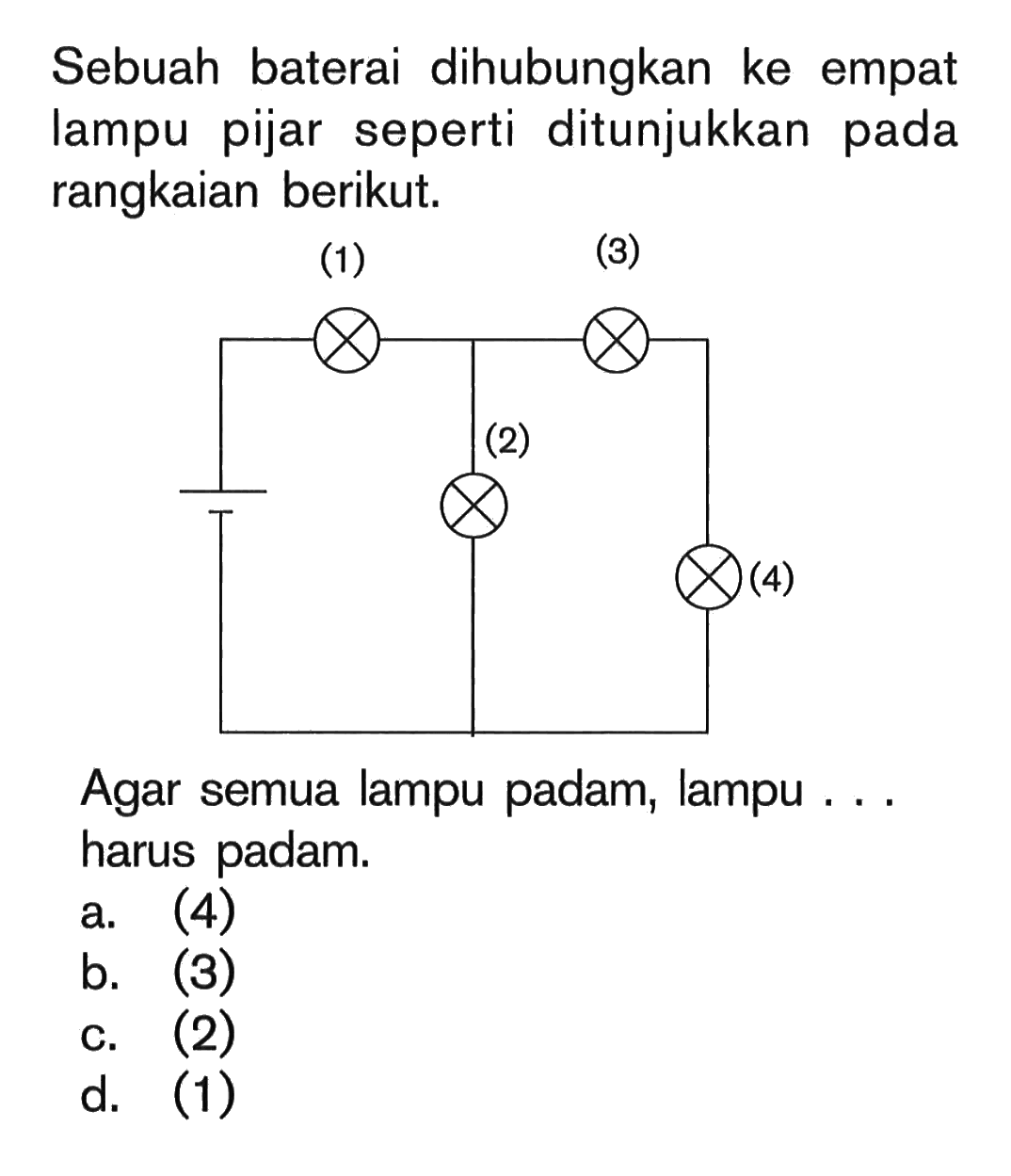 Sebuah baterai dihubungkan ke empat lampu pijar seperti ditunjukkan pada rangkaian berikut, (1) (3) (2) (4) Agar semua lampu padam, lampu... harus padam.