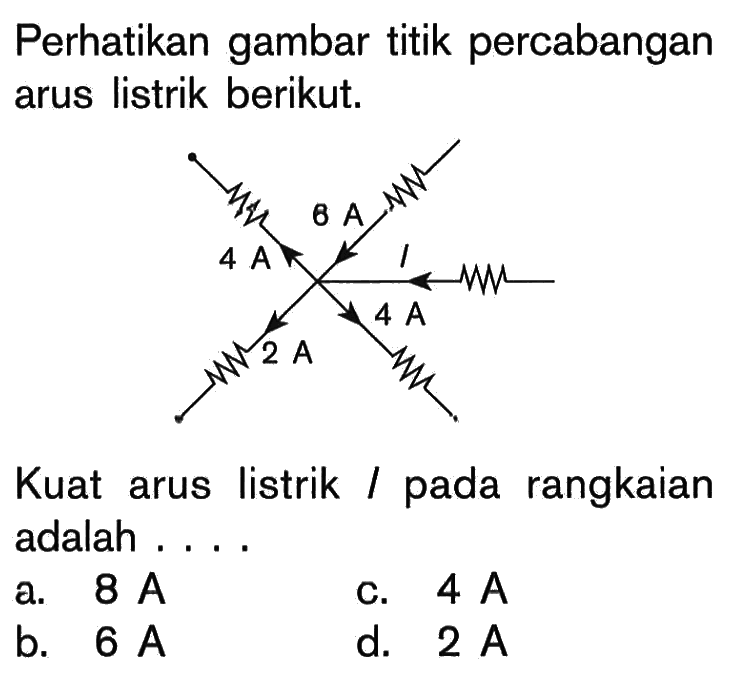 Perhatikan gambar titik percabangan arus listrik berikut. 4A 2A 6A 1 4A Kuat arus listrik I pada rangkaian adalah . . . .