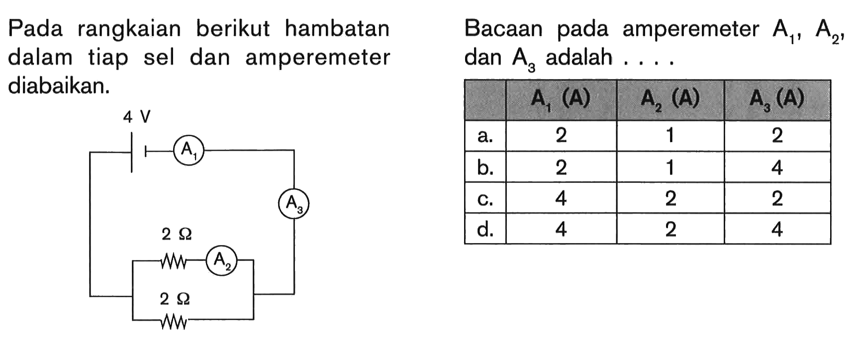 Pada rangkaian berikut hambatan dalam tiap sel dan amperemeter diabaikan. 4 V A1 A2 2 Ohm 2 Ohm A3 Bacaan pada amperemeter A1, A2, dan A3 adalah ....