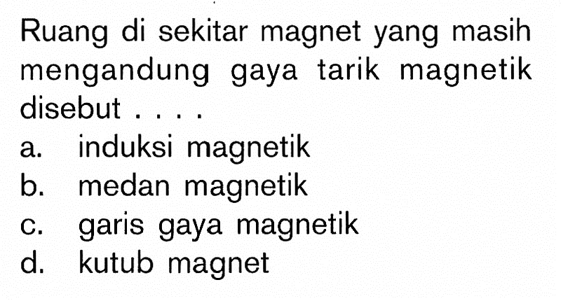 Ruang di sekitar magnet yang masih mengandung gaya tarik magnetik disebut ... 