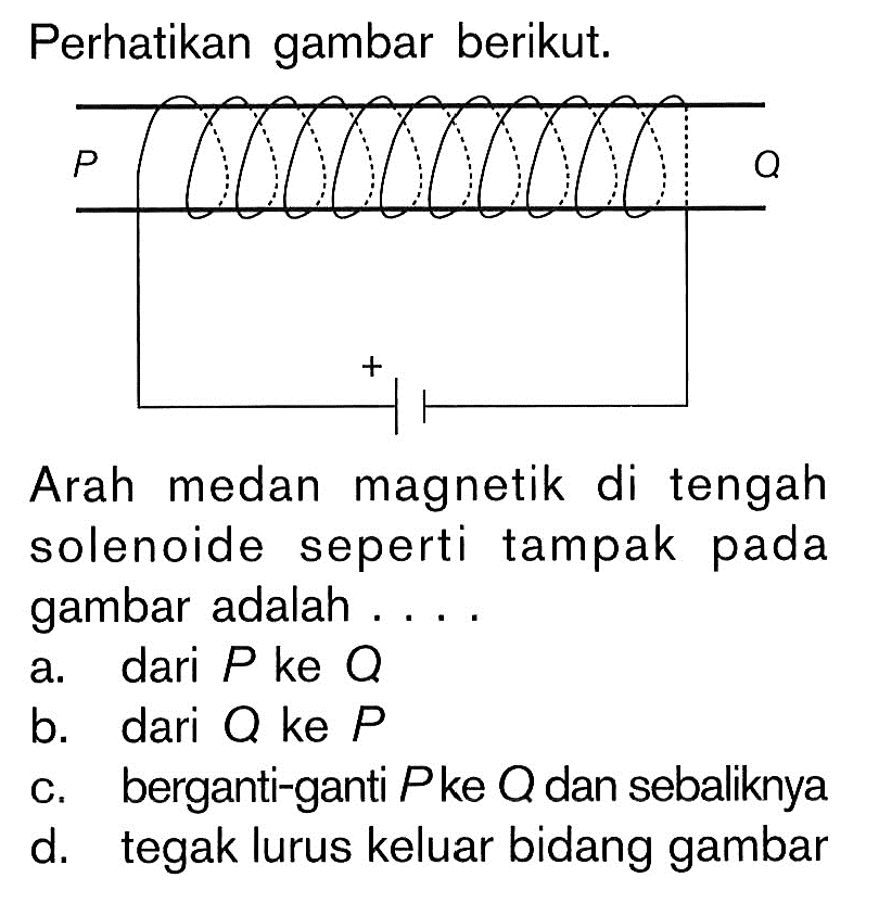 Perhatikan gambar berikut. P Q + Arah medan magnetik di tengah solenoide seperti tampak pada gambar adalah ....a. dari P ke Q b. dari Q ke P c. berganti-ganti P ke Q dan sebaliknyad. tegak lurus keluar bidang gambar