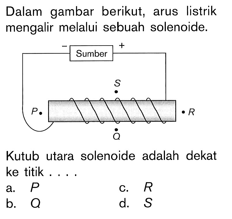 Dalam gambar berikut, arus listrik mengalir melalui sebuah solenoide.
- + Sumber P Q R S 
Kutub utara solenoide adalah dekat ke titik ....
