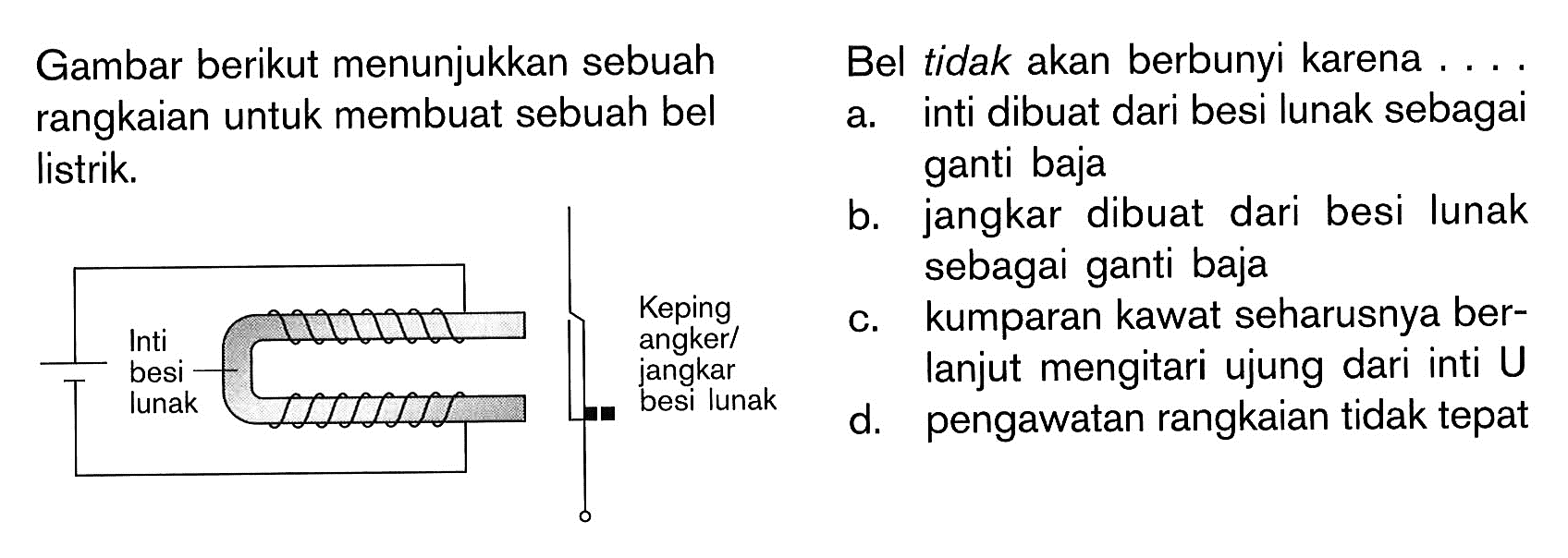 Gambar berikut menunjukkan sebuah rangkaian untuk membuat sebuah bel listrik Inti besi lunak Keping angker/jangkar besi lunak a. inti dibuat dari besi lunak sebagai listrik b. jangkar dibuat dari besi lunak sebagai ganti baja c. kumparan kawat seharusnya berlanjut mengitari ujung dari inti U d. pengawatan rangkaian tidak tepat 