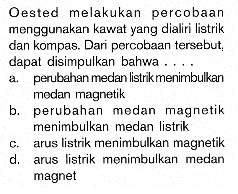 Oested melakukan percobaan menggunakan kawat yang dialiri listrik dan kompas. Dari percobaan tersebut, dapat disimpulkan bahwa ....