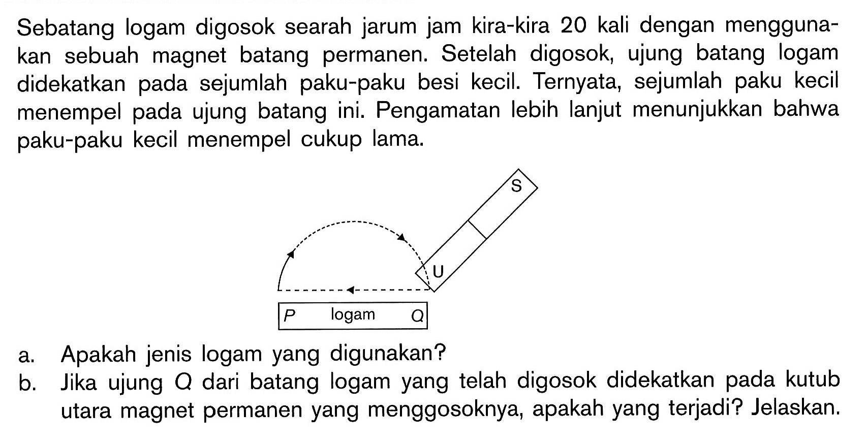 Sebatang logam digosok searah jarum jam kira-kira 20 kali dengan menggunakan sebuah magnet batang permanen. Setelah digosok, ujung batang logam didekatkan pada sejumlah paku-paku besi kecil. Ternyata, sejumlah paku kecil menempel pada ujung batang ini. Pengamatan lebih lanjut menunjukkan bahwa paku-paku kecil menempel cukup lama.
S
U
P logam O
a. Apakah jenis logam yang digunakan?
b. Jika ujung  Q  dari batang logam yang telah digosok didekatkan pada kutub utara magnet permanen yang menggosoknya, apakah yang terjadi? Jelaskan.