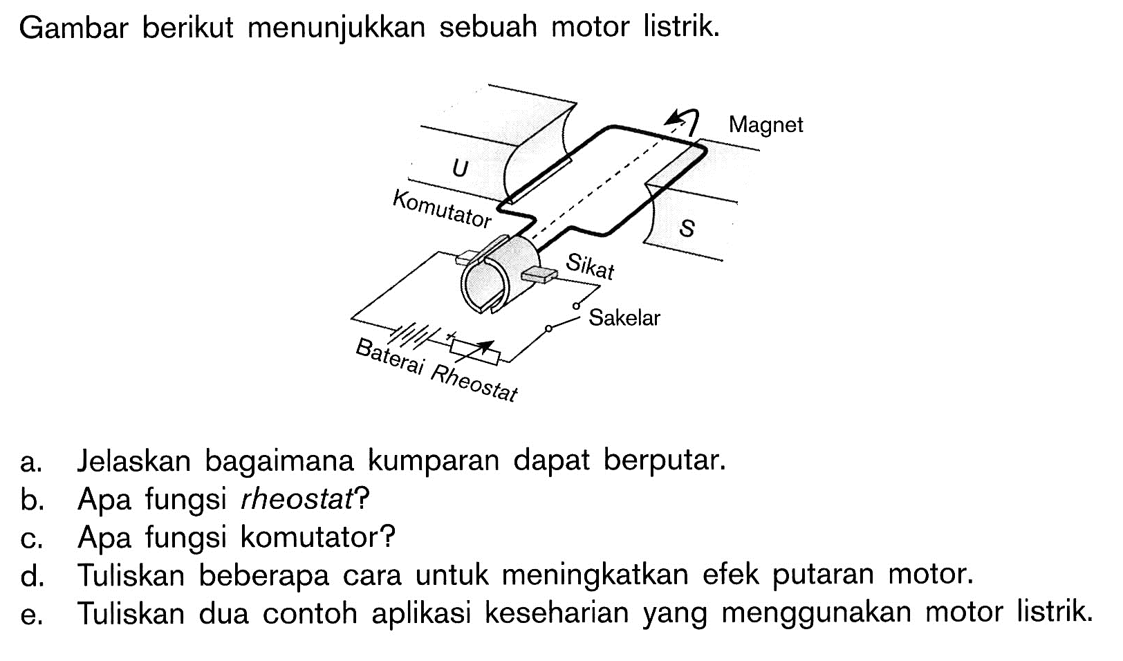 Gambar berikut menunjukkan sebuah motor listrik.
a. Jelaskan bagaimana kumparan dapat berputar.
b. Apa fungsi rheostat?
c. Apa fungsi komutator?
d. Tuliskan beberapa cara untuk meningkatkan efek putaran motor.
e. Tuliskan dua contoh aplikasi keseharian yang menggunakan motor listrik.