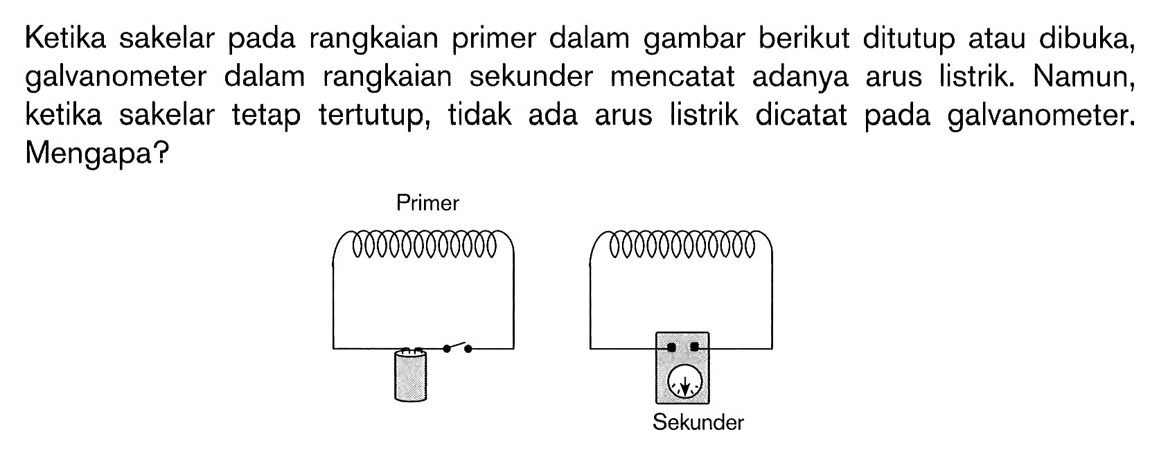 Ketika sakelar pada rangkaian primer dalam gambar berikut ditutup atau dibuka, galvanometer dalam rangkaian sekunder mencatat adanya arus listrik. Namun, ketika sakelar tetap tertutup, tidak ada arus listrik dicatat pada galvanometer. Mengapa?
Primer
Sekunder