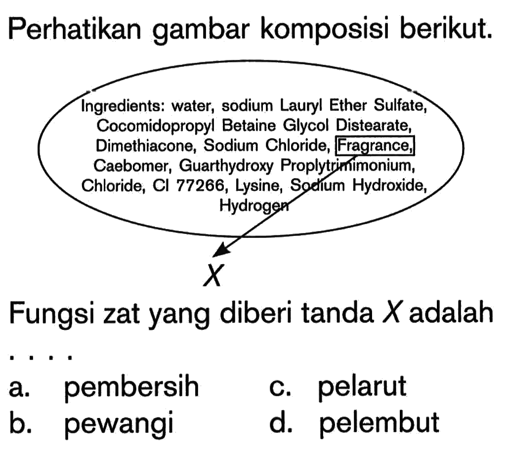 Perhatikan gambar komposisi berikut.
Ingredients: water, sodium Lauryl Ether Sulfate, Cocomidopropyl Betaine Glycol Distearate, Dimethiacone, Sodium Chloride, Fragrance X, Caebomer, Guarthydroxy Proplytrinimonium, Lysine, Sgdium Hydroxide,
Fungsi zat yang diberi tanda X adalah
