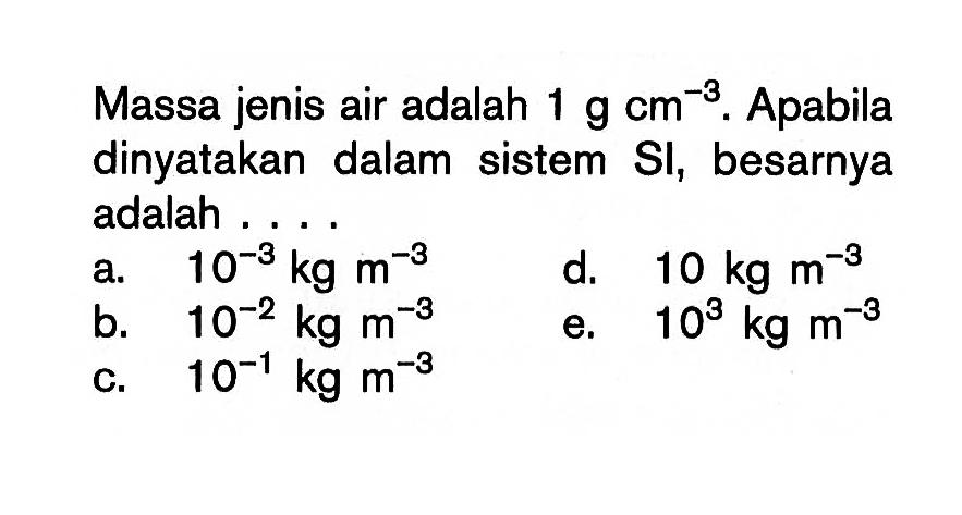 Massa jenis air adalah 1 g cm^-3. Apabila dinyatakan dalam sistem SI, besarnya adalah ....