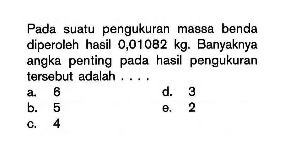 Pada suatu pengukuran massa benda diperoleh hasil 0,01082 kg. Banyaknya angka penting pada hasil pengukuran tersebut adalah ....