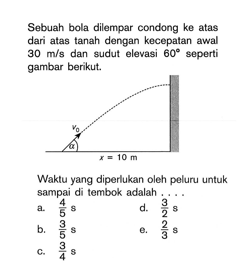 Sebuah bola dilempar condong ke atas dari atas tanah dengan kecepatan awal 30 m/s dan sudut elevasi 60 seperti gambar berikut. Waktu yang diperlukan oleh peluru untuk sampai di tembok adalah ....