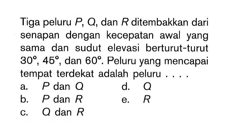 Tiga peluru  P, Q , dan R ditembakkan dari senapan dengan kecepatan awal yang sama dan sudut elevasi berturut-turut 30, 45, dan  60. Peluru yang mencapai tempat terdekat adalah peluru ....