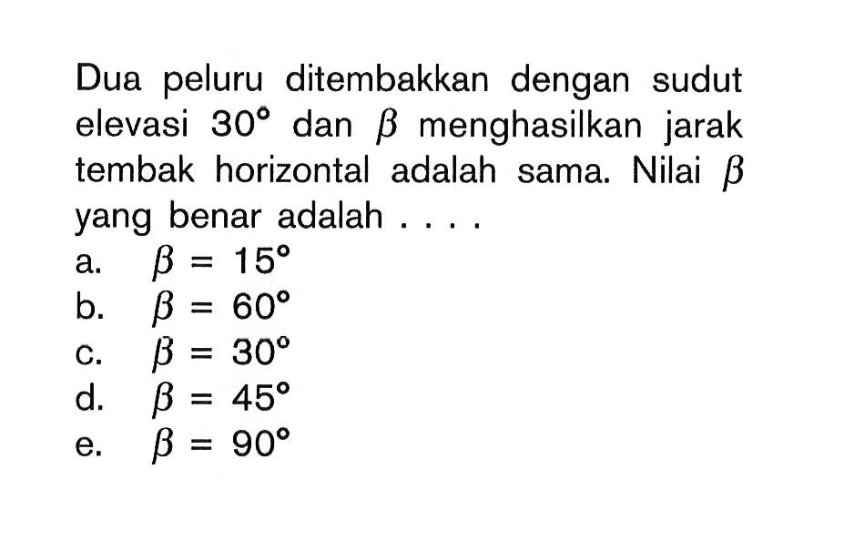 Dua peluru ditembakkan dengan sudut elevasi 30 dan b menghasilkan jarak tembak horizontal adalah sama. Nilai b yang benar adalah ....