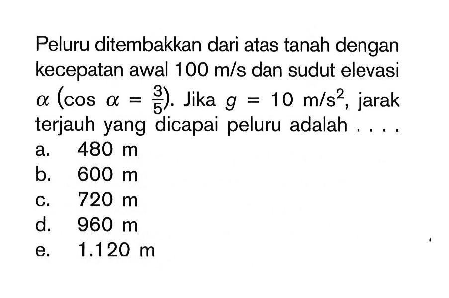 Peluru ditembakkan dari atas tanah dengan kecepatan awal 100 m/s dan sudut elevasi alpha (cos alpha = 3/5). Jika g = 10 m/s^2 , jarak terjauh yang dicapai peluru adalah ....