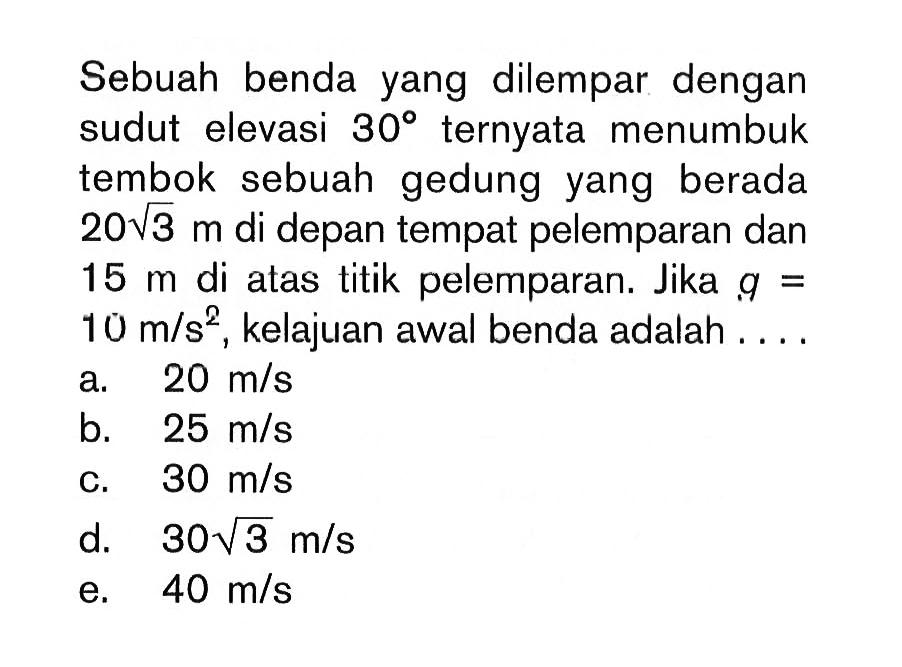 Sebuah benda yang dilempar dengan sudut elevasi 30 ternyata menumbuk tembok sebuah gedung yang berada 20(3^1/2) m di depan tempat pelemparan dan 15 m di atas titik pelemparan. Jika q=10 m/s^2, kelajuan awal benda adalah ....