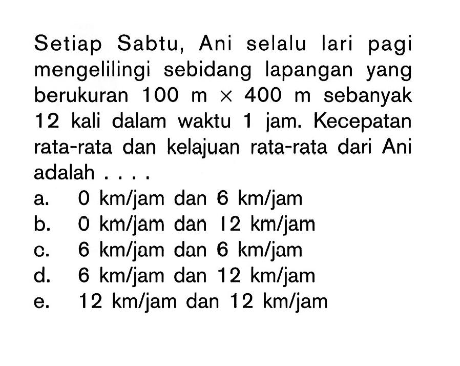 Setiap Sabtu, Ani selalu lari pagi mengelilingi sebidang lapangan yang berukuran 100 m x 400 m sebanyak 12 kali dalam waktu 1 jam. Kecepatan rata-rata dan kelajuan rata-rata dari Ani adalah